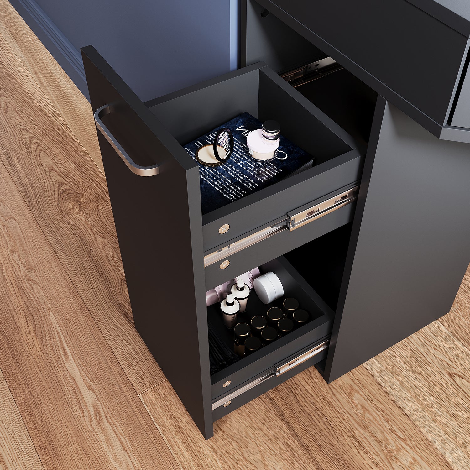 Corner dressing table with movable triple mirror, 3 open compartments, and 2 drawers, black