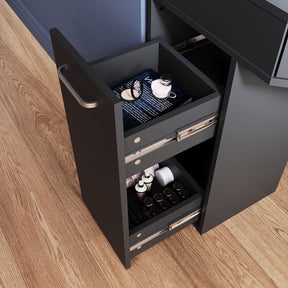 Corner dressing table with movable triple mirror, 3 open compartments, and 2 drawers, black