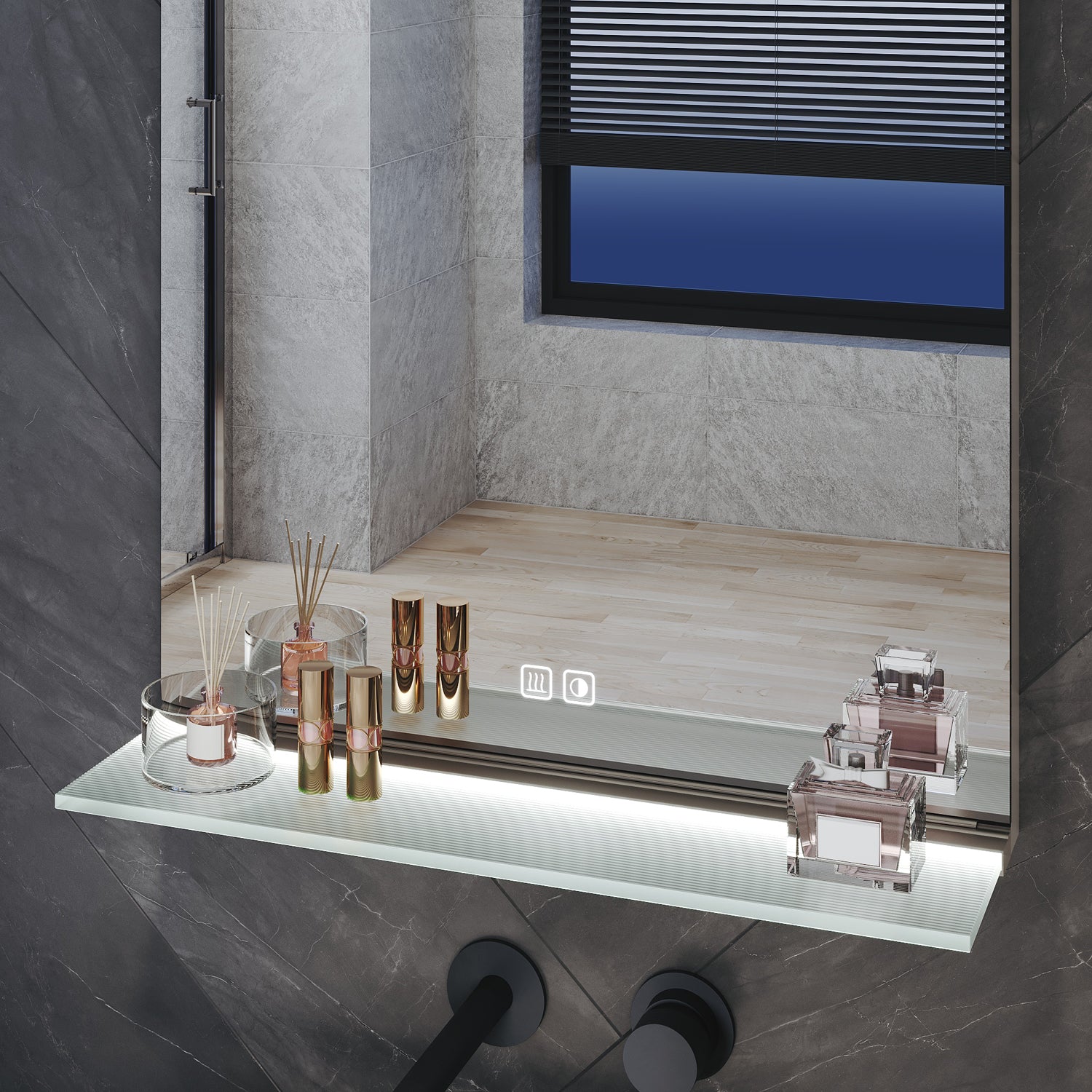Square Bathroom Mirror with Lighting, 3 Light Colors with LED-Lit Shelf, 500x 700x35mm