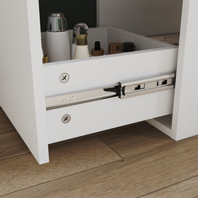 Corner dressing table with movable triple mirror, 3 open compartments, and 2 drawers, white