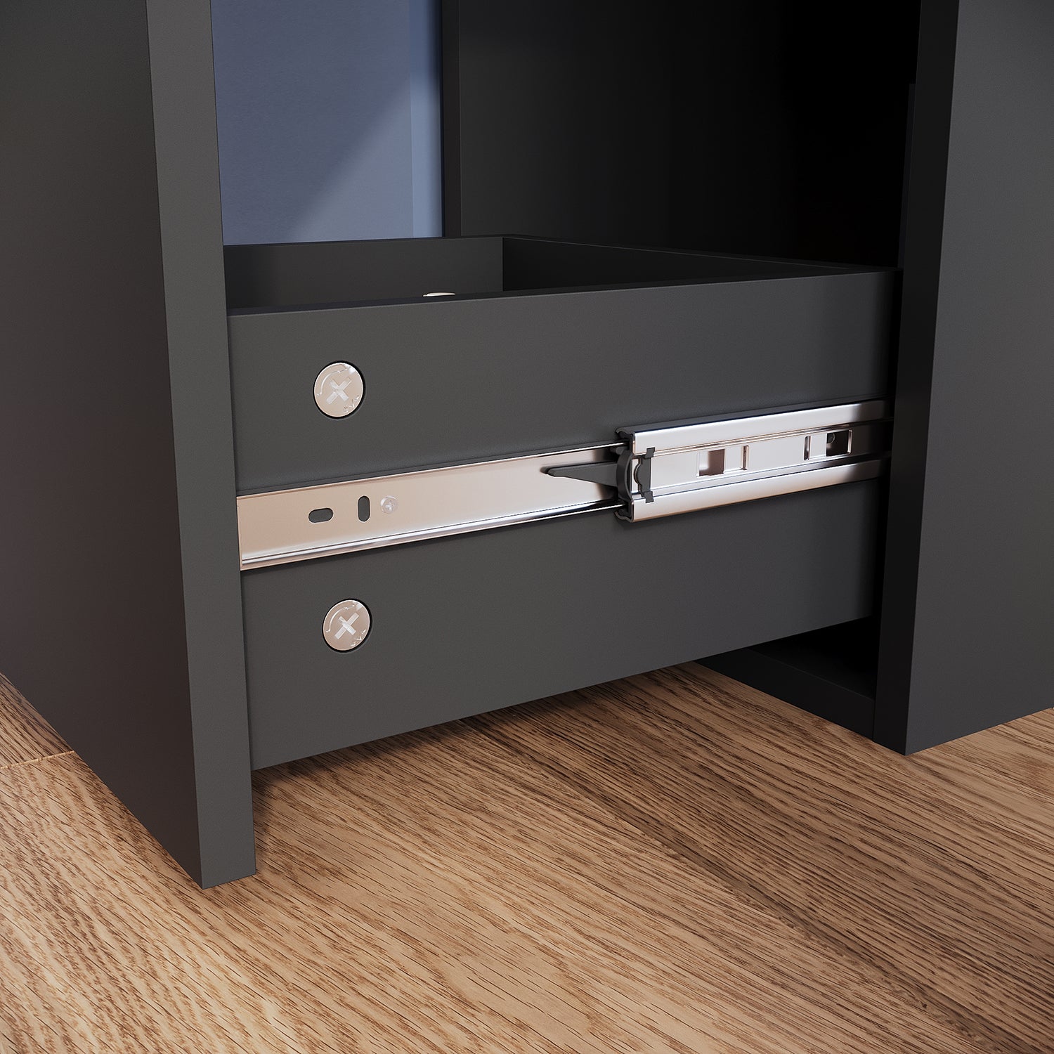 Corner dressing table with movable triple mirror, 3 open compartments, and 2 drawers, black