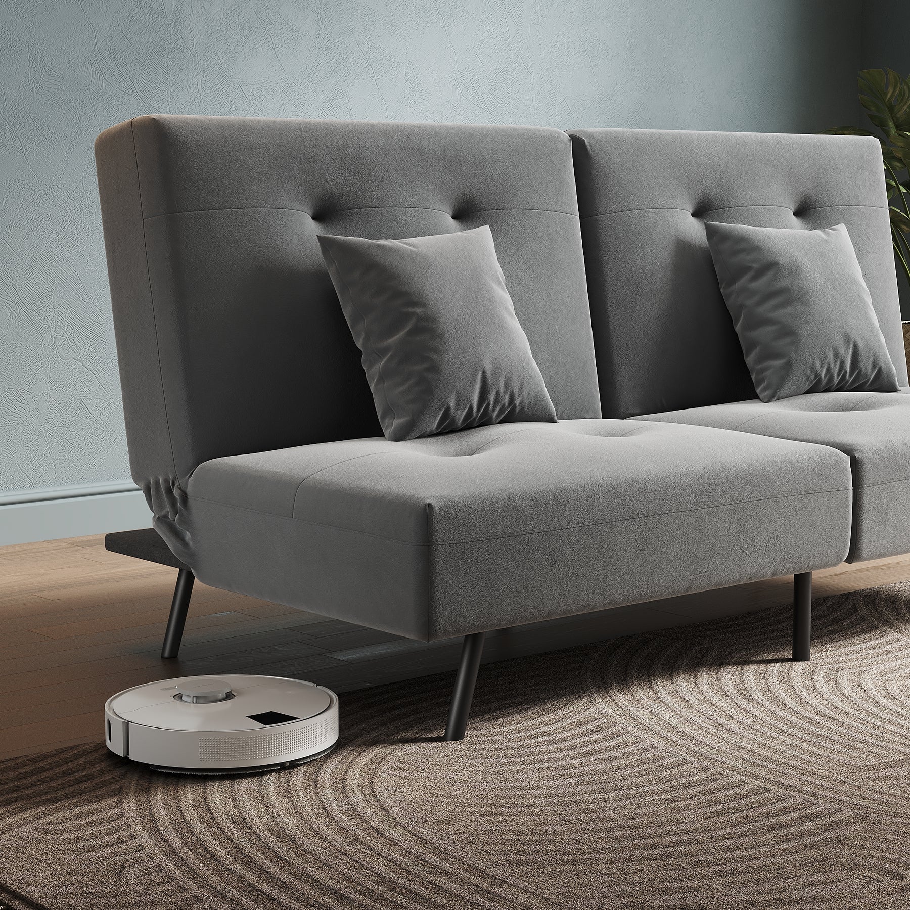 Sofa Bed 2 Seater with Sofa Bed Storage, Double Fold Design, Iron Legs, Adjustable Backrest and 2 Cushions, Dark Grey