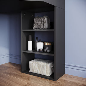 Corner dressing table with movable triple mirror, 3 open compartments, and 2 drawers, black