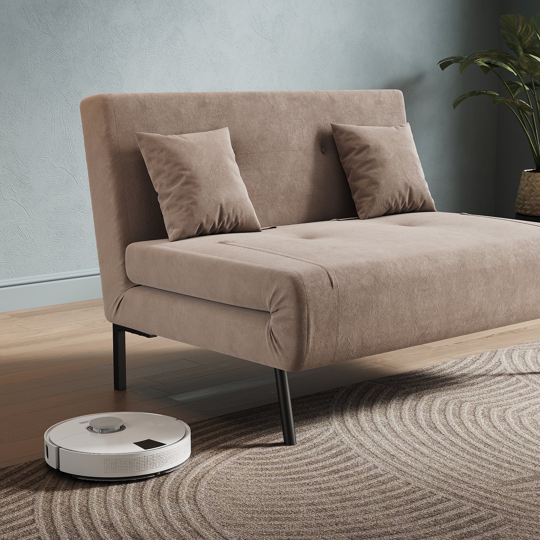 Sofa Bed with Sofa Bed Storage, 3 Fold Design, Iron Legs, 6-Level Backrest Adjustment and 2 Cushions, Khaki