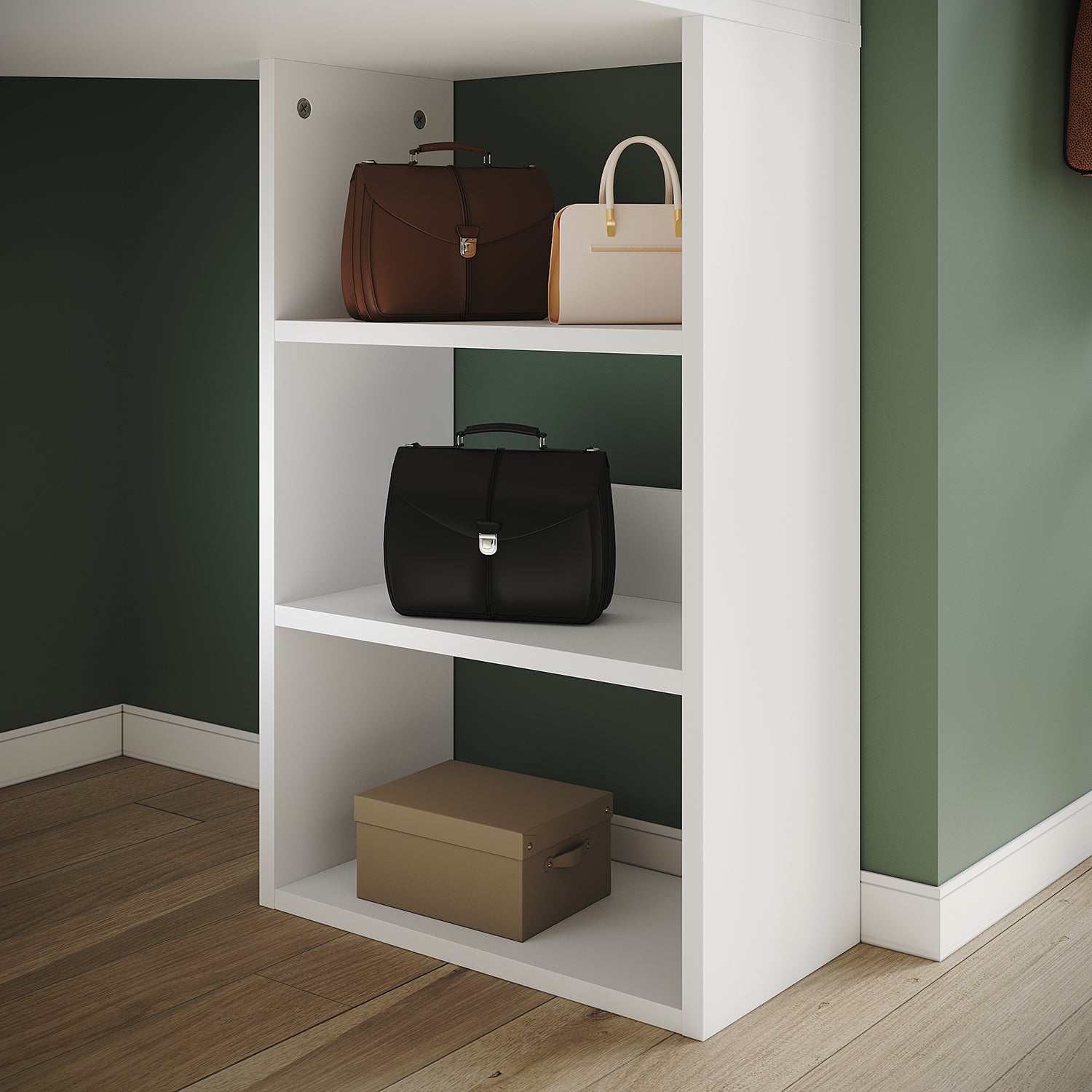 Corner dressing table with movable triple mirror, 3 open compartments, and 2 drawers, white