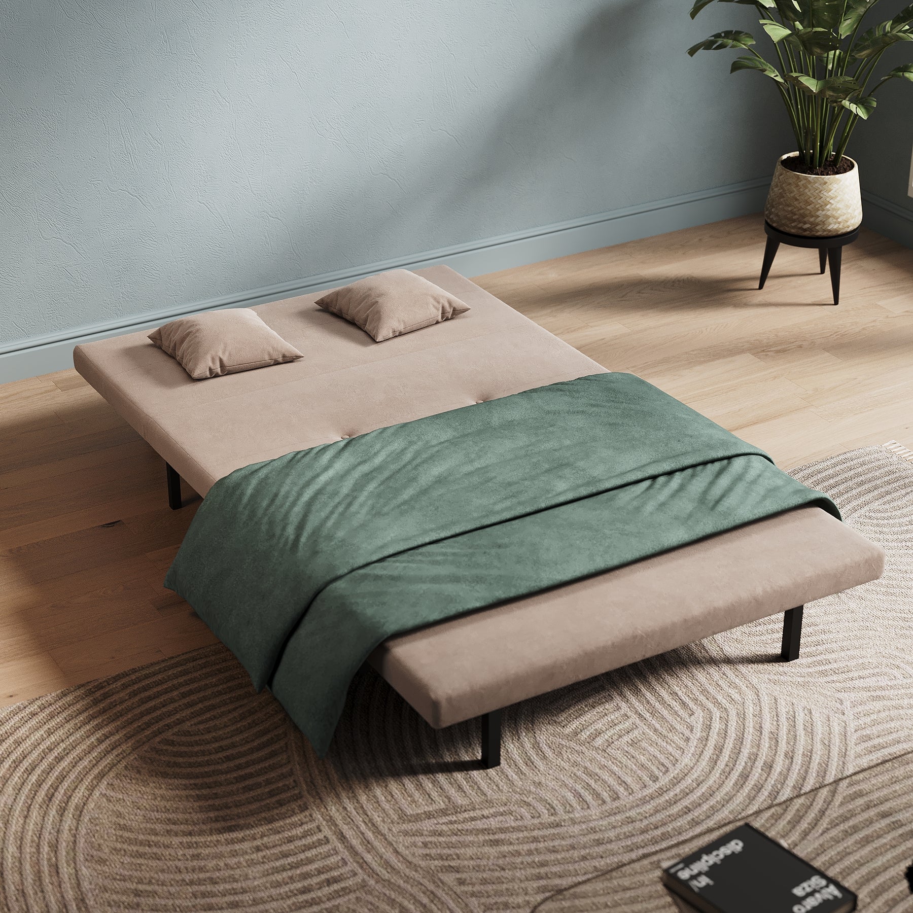 Sofa Bed with Sofa Bed Storage, 3 Fold Design, Iron Legs, 6-Level Backrest Adjustment and 2 Cushions, Khaki
