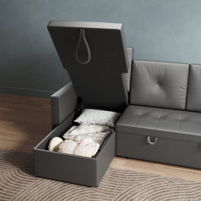 3 in 1 Corner Sofas with Pull-Out Bed, Hidden Storage and Plastic Legs, Dark Gray
