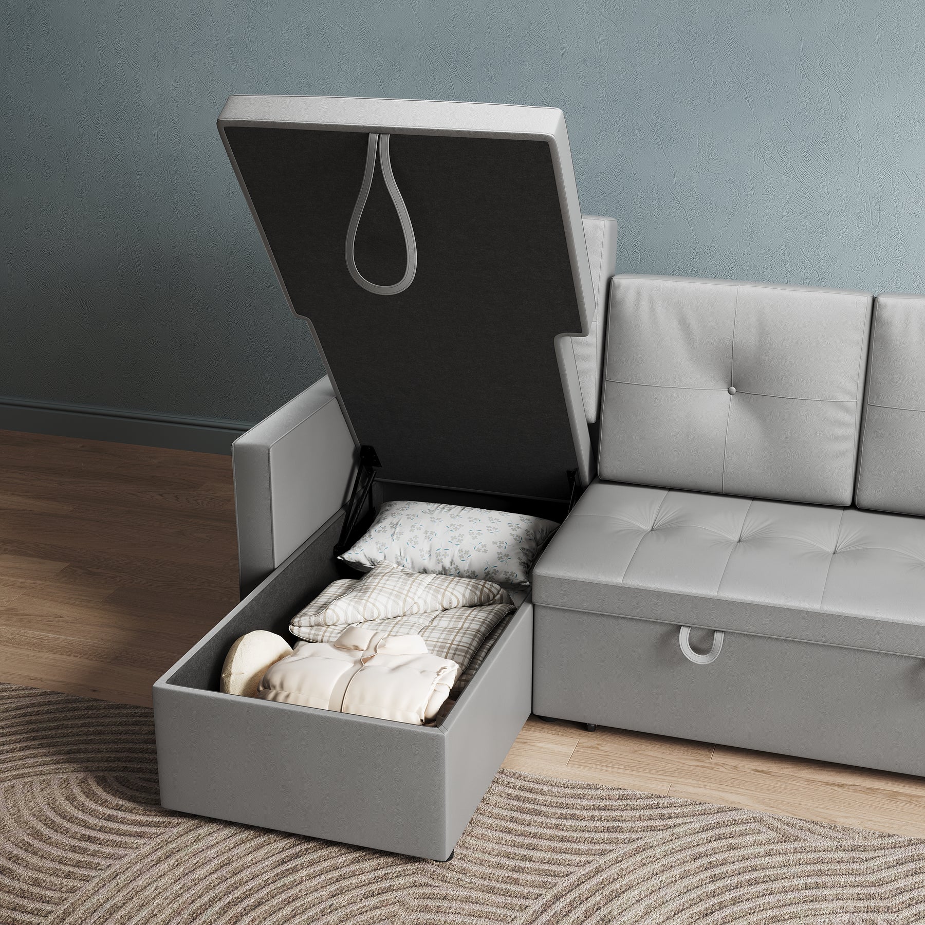3 in 1 Corner Sofas with Pull-Out Bed, Hidden Storage and Plastic Legs, Light Gray