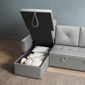 3 in 1 Corner Sofas with Pull-Out Bed, Hidden Storage and Plastic Legs, Light Gray