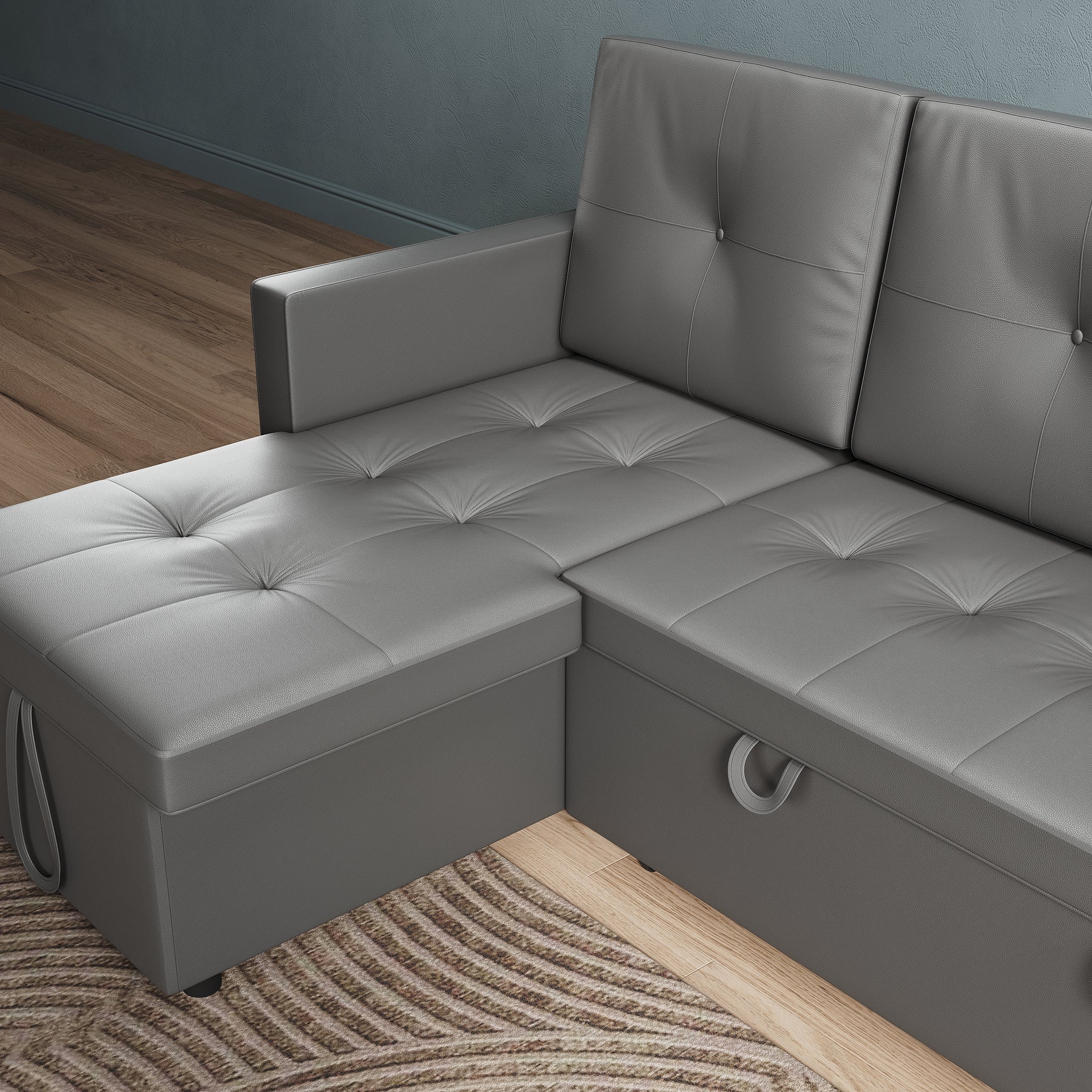 3 in 1 Corner Sofas with Pull-Out Bed, Hidden Storage and Plastic Legs, Dark Gray