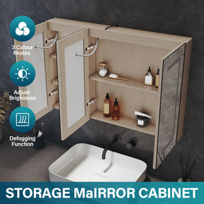 Three-door LED anti-fog bathroom cabinet, light coffee, 900x600x125mm