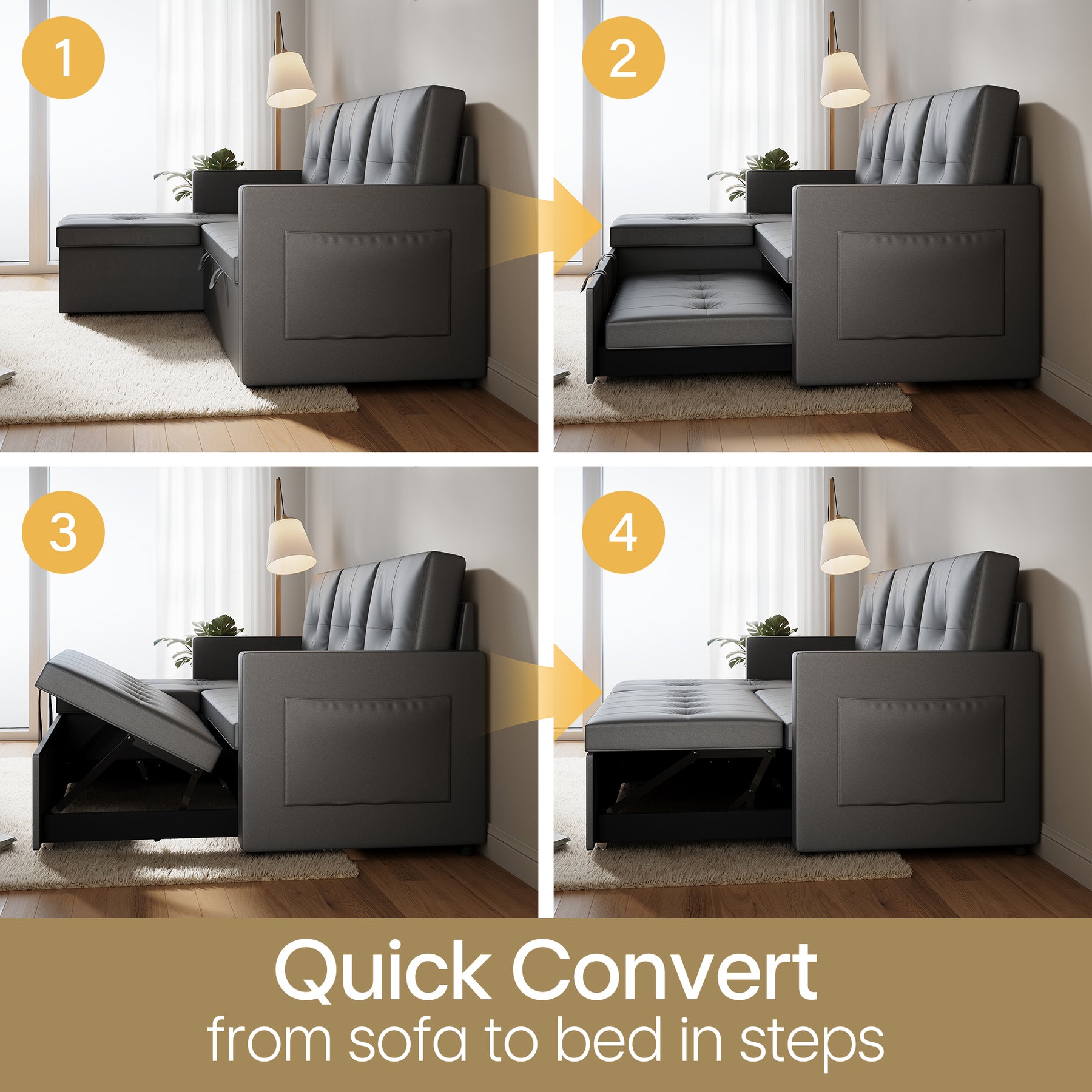 3 in 1 Corner Sofas with Pull-Out Bed, Hidden Storage and Plastic Legs, Dark Gray