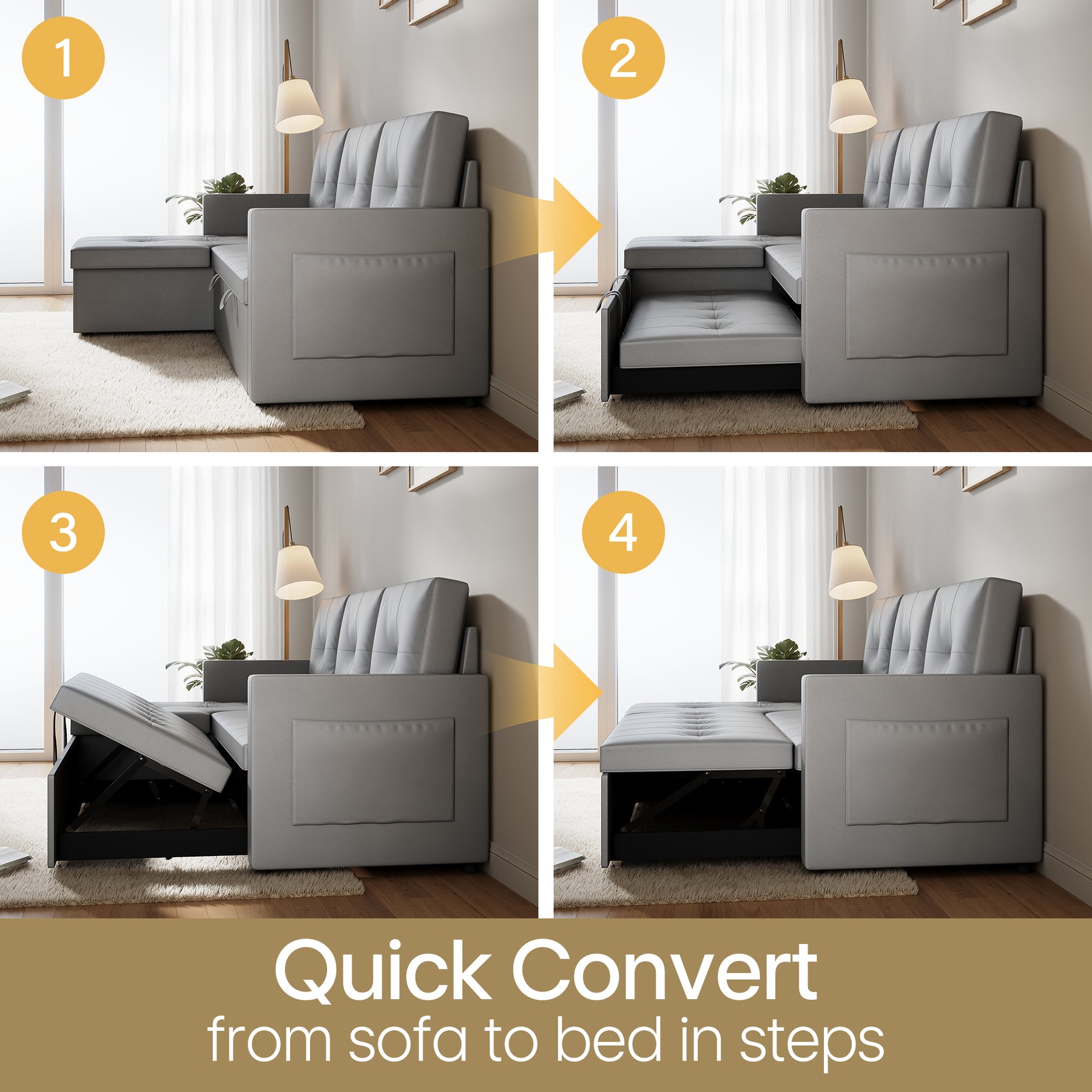 3 in 1 Corner Sofas with Pull-Out Bed, Hidden Storage and Plastic Legs, Light Gray