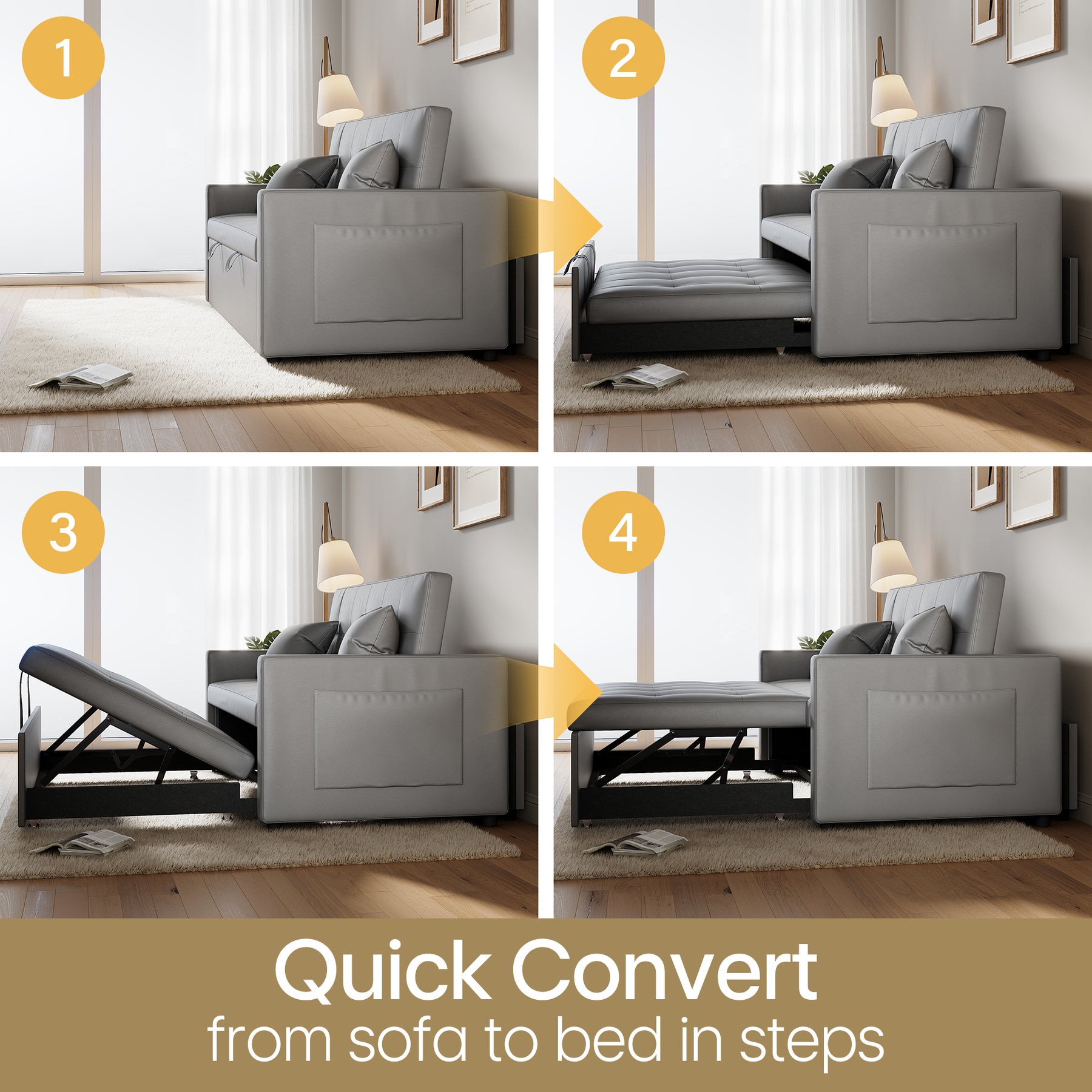 2 Seater Sofa Bed 3 in 1 with Storage, Hidden Pull-Out Bed, Adjustable Backrest and 2 Cushions, Light Gray