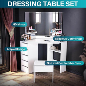 Corner Dressing Table With Mirror Stool Set Makeup Storage Cabinet Organize - Elegantshowers