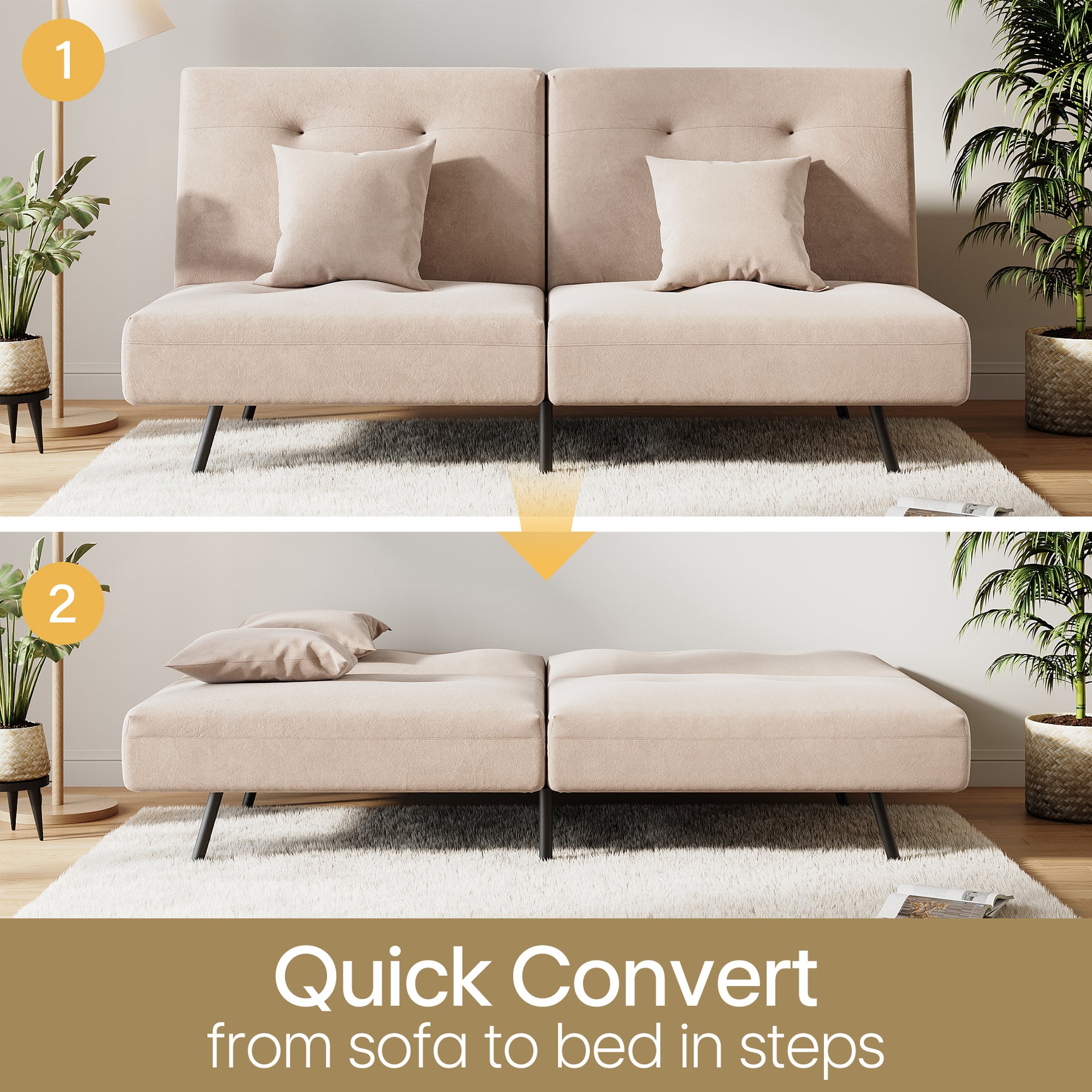 Sofa Bed 2 Seater with Sofa Bed Storage, Double Fold Design, Iron Legs, Adjustable Backrest and 2 Cushions, Khaki