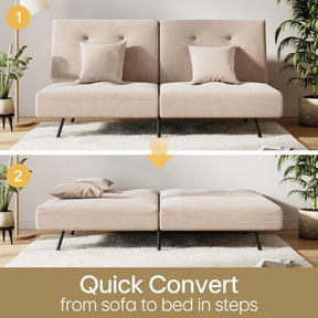 Sofa Bed 2 Seater with Sofa Bed Storage, Double Fold Design, Iron Legs, Adjustable Backrest and 2 Cushions, Khaki