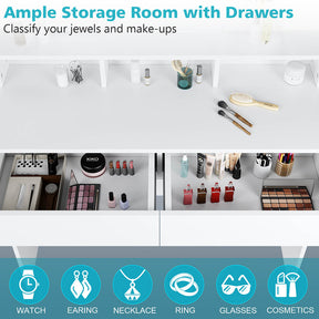 Dressing Table Mirror Stool Set Girls Vanity Makeup Desk Drawer Organizer White - Elegantshowers