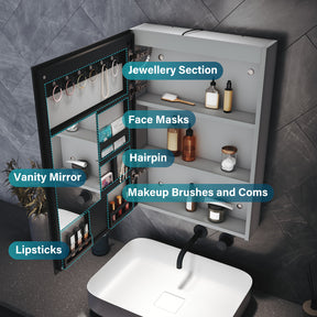 Single-door grey wooden mirror cabinet with cosmetic shelf 485x700x130mm