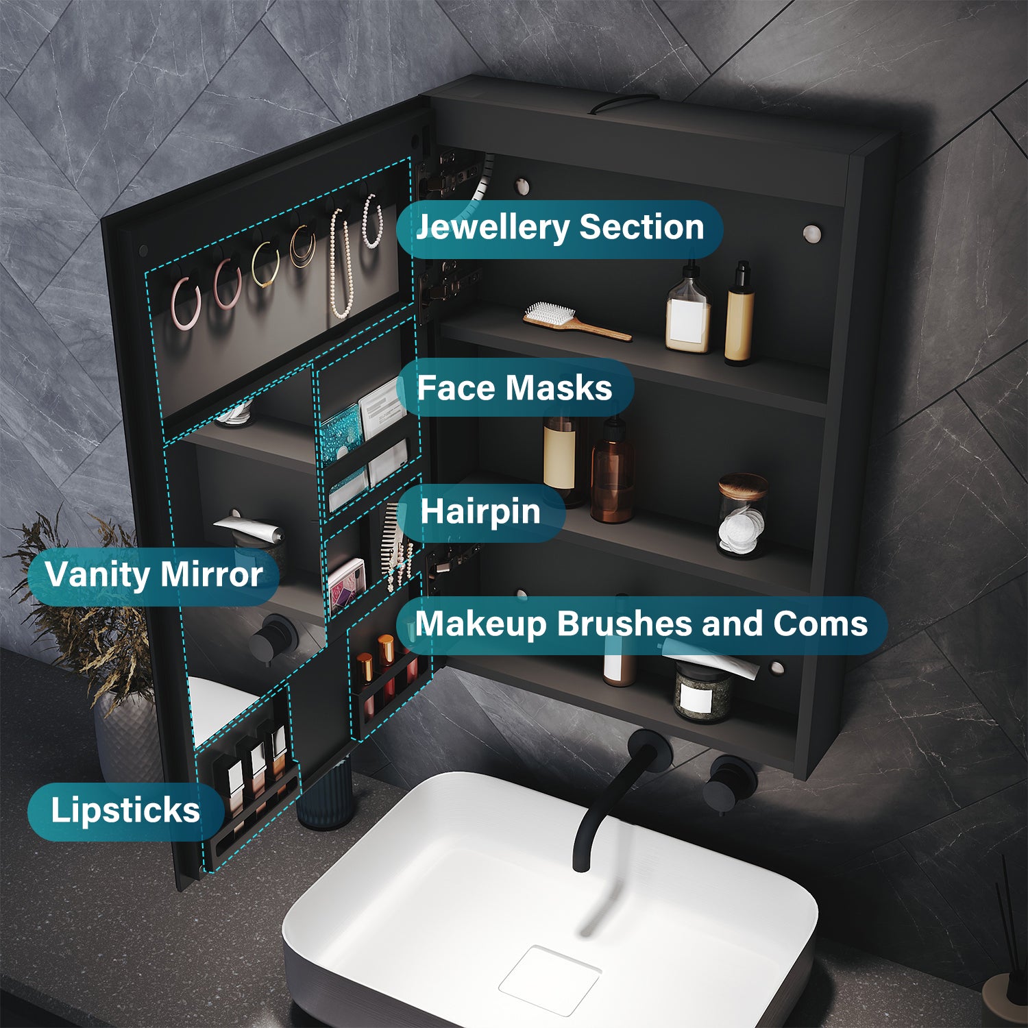 LED Bathroom Cabinet with Makeup Storage Shelf, color Hemp Black , 485x700x130mm