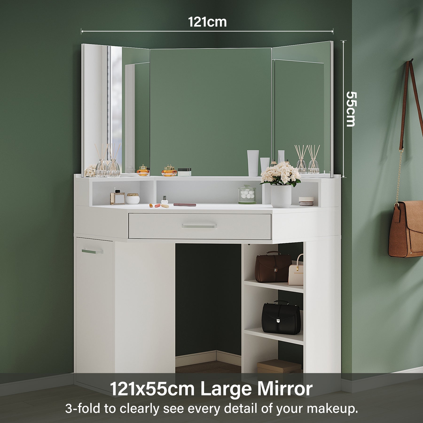 Corner dressing table with movable triple mirror, 3 open compartments, and 2 drawers, white
