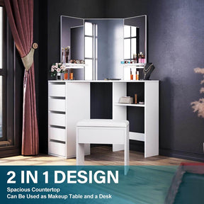 Corner Dressing Table With Mirror Stool Set Makeup Storage Cabinet Organize - Elegantshowers