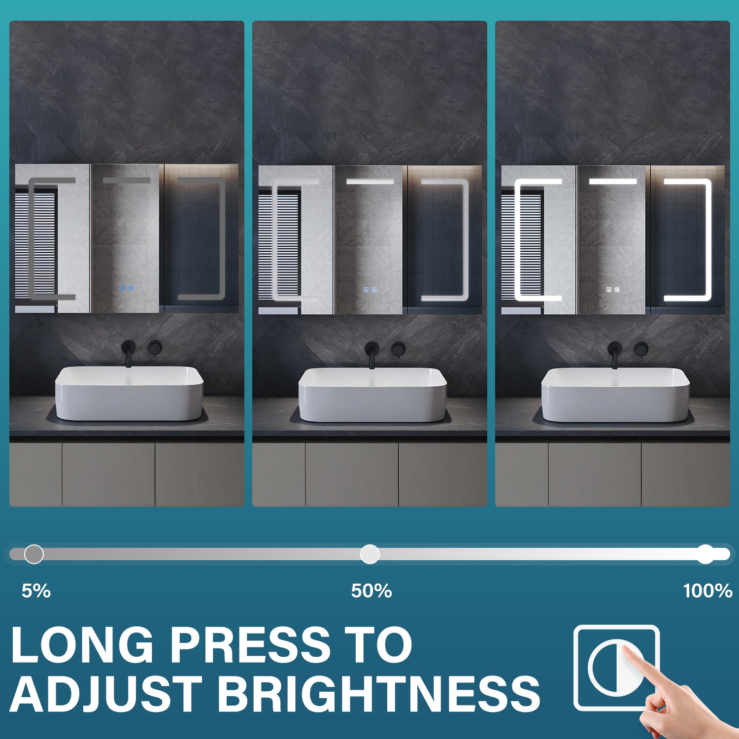 Three-door LED anti-fog bathroom cabinet, Moroccan Gray, 900x600x125mm