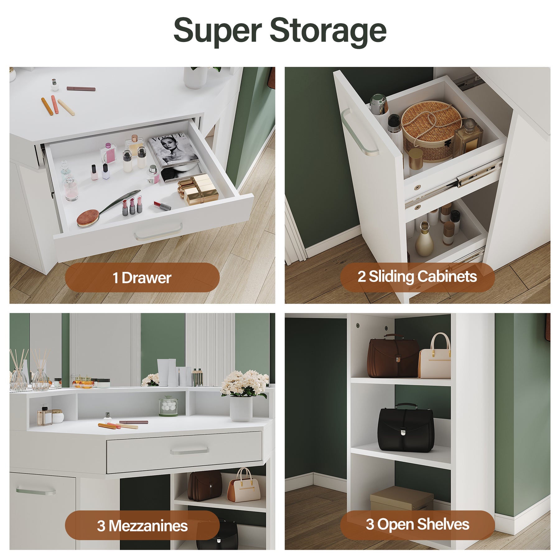 Corner dressing table with movable triple mirror, 3 open compartments, and 2 drawers, white