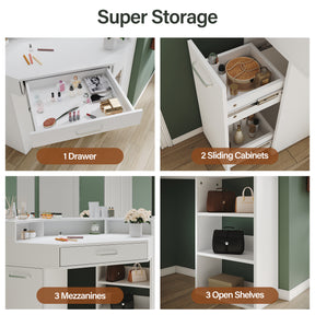 Corner dressing table with movable triple mirror, 3 open compartments, and 2 drawers, white