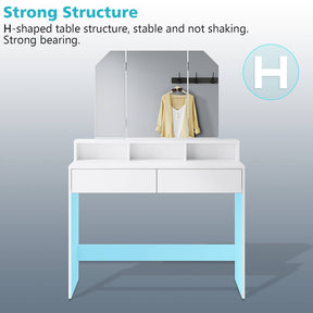Dressing Table Mirror Stool Set Girls Vanity Makeup Desk Drawer Organizer White - Elegantshowers