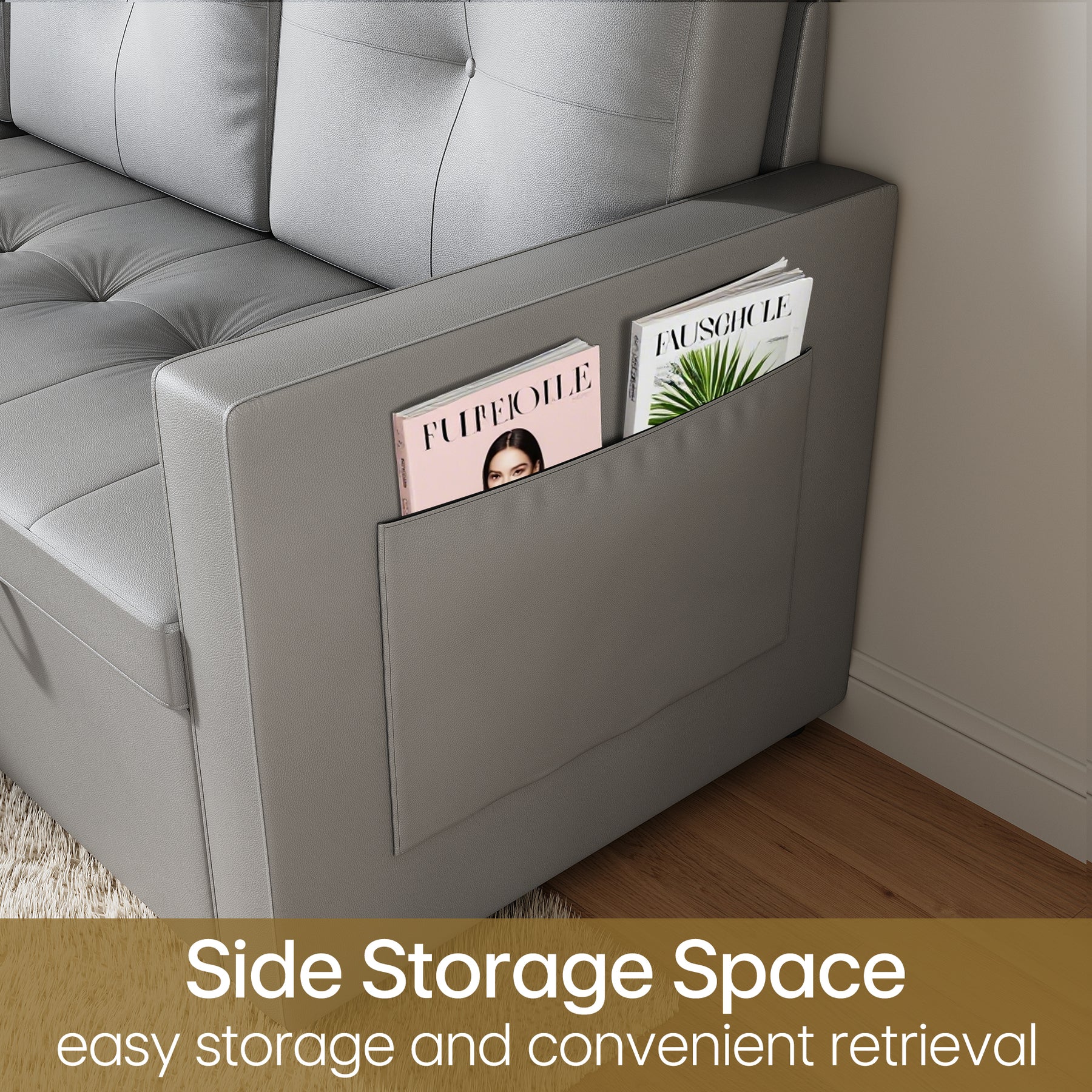 3 in 1 Corner Sofas with Pull-Out Bed, Hidden Storage and Plastic Legs, Light Gray