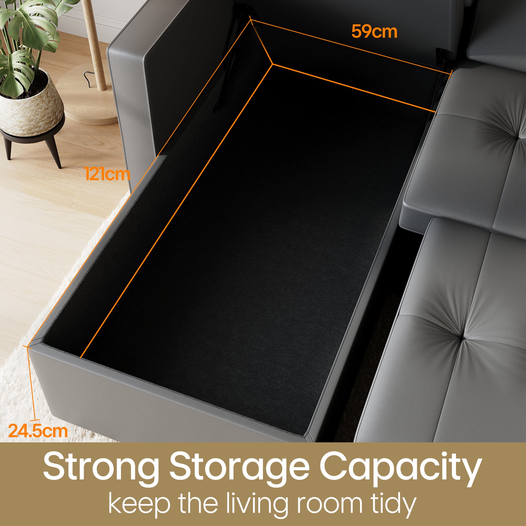 3 in 1 Corner Sofas with Pull-Out Bed, Hidden Storage and Plastic Legs, Dark Gray