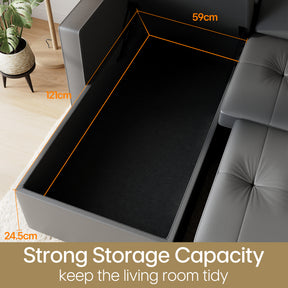 3 in 1 Corner Sofas with Pull-Out Bed, Hidden Storage and Plastic Legs, Dark Gray