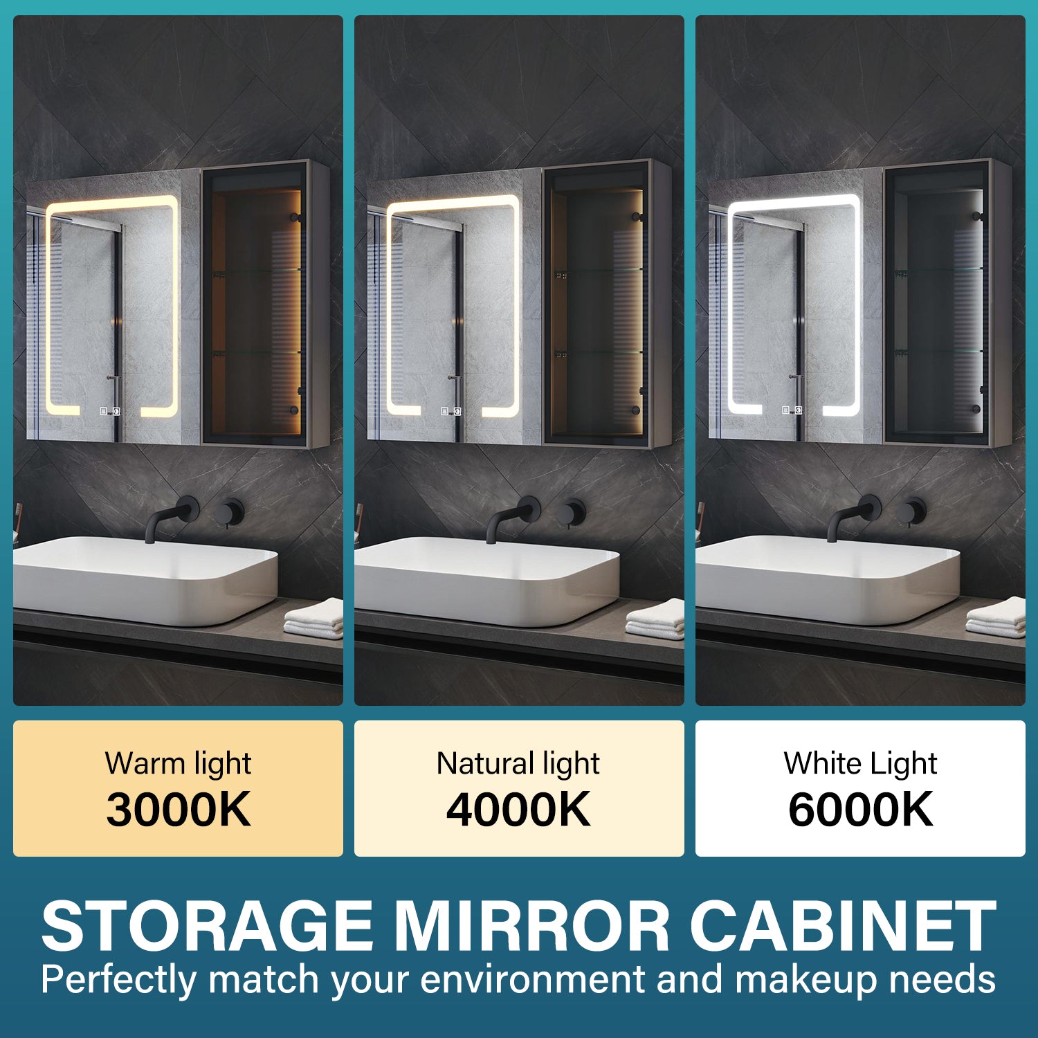 Bathroom cabinet with integrated mood lighting and glass shelves, Moroccan Gray, 700x600x125mm