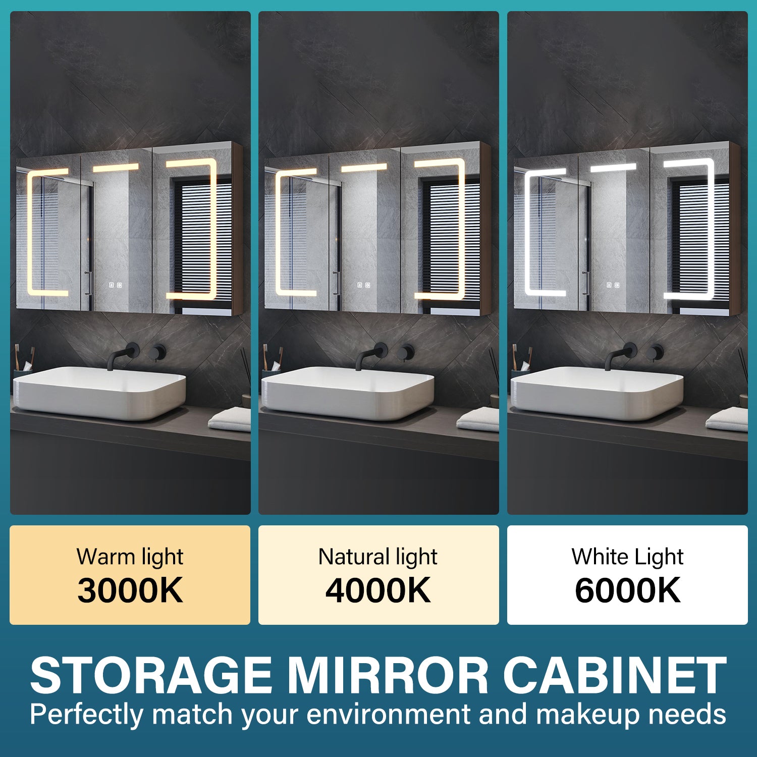 Three-door LED anti-fog bathroom cabinet, light coffee, 900x600x125mm