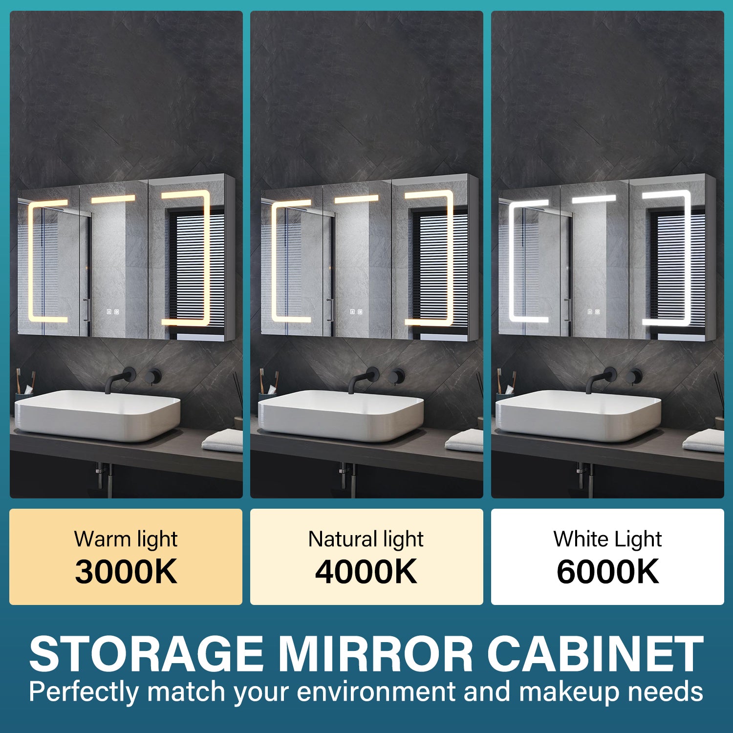 Three-door LED anti-fog bathroom cabinet, Moroccan Gray, 900x600x125mm