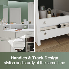Corner dressing table with movable triple mirror, 3 open compartments, and 2 drawers, white