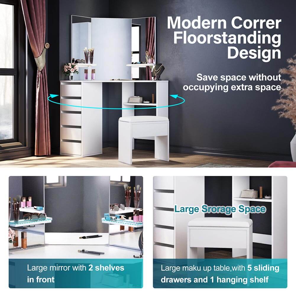 Corner Dressing Table With Mirror Stool Set Makeup Storage Cabinet Organize - Elegantshowers
