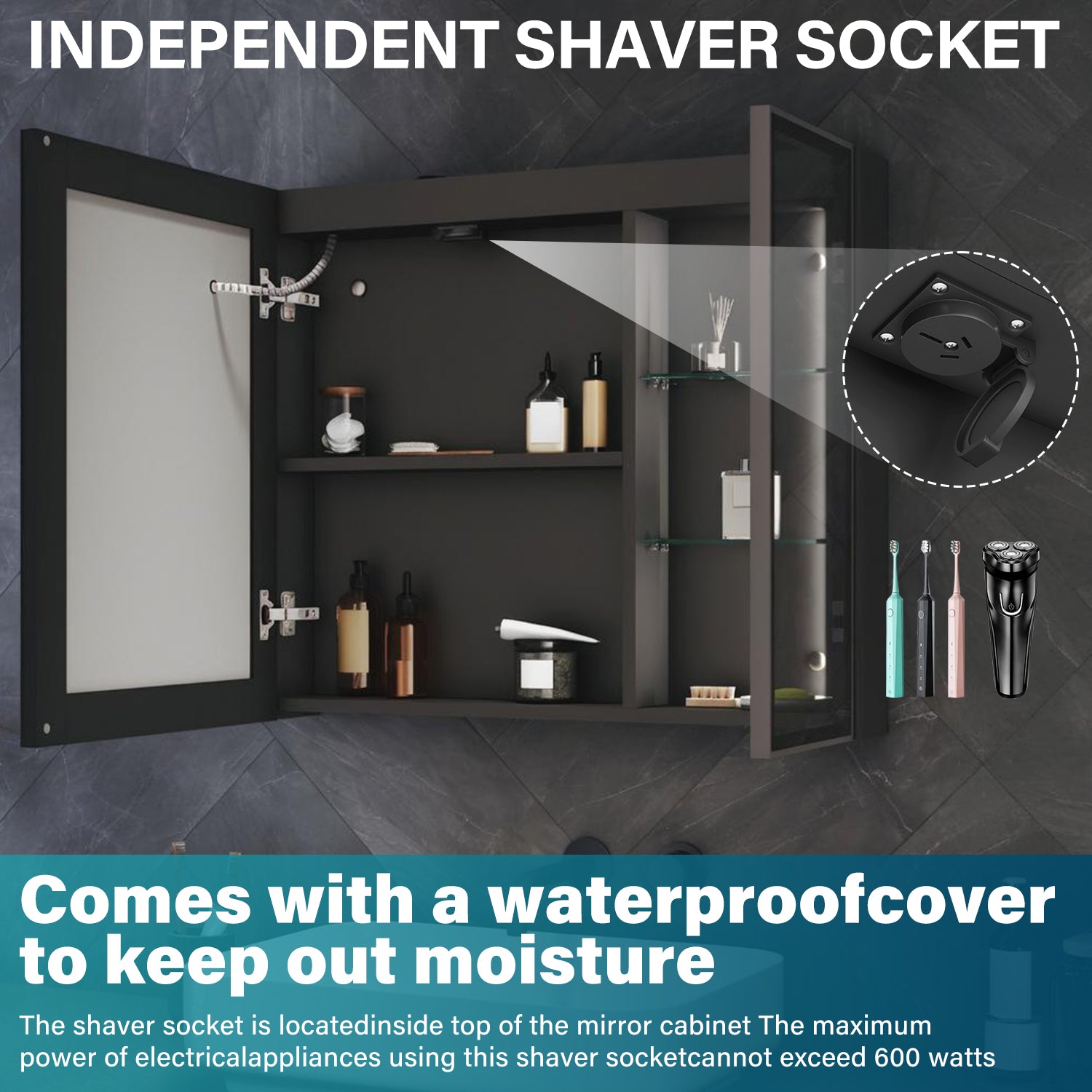 Bathroom cabinet with integrated mood lighting and glass shelves, Black Hemp, 700x600x125mm