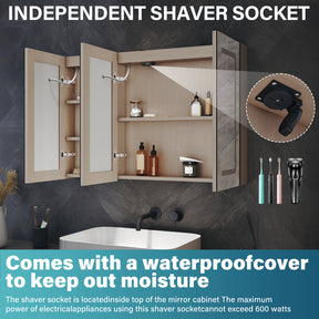 Three-door LED anti-fog bathroom cabinet, light coffee, 900x600x125mm