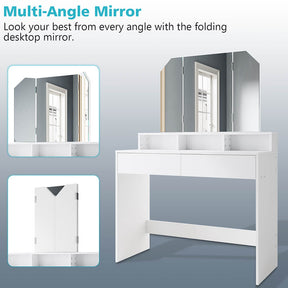 Dressing Table Mirror Stool Set Girls Vanity Makeup Desk Drawer Organizer White - Elegantshowers