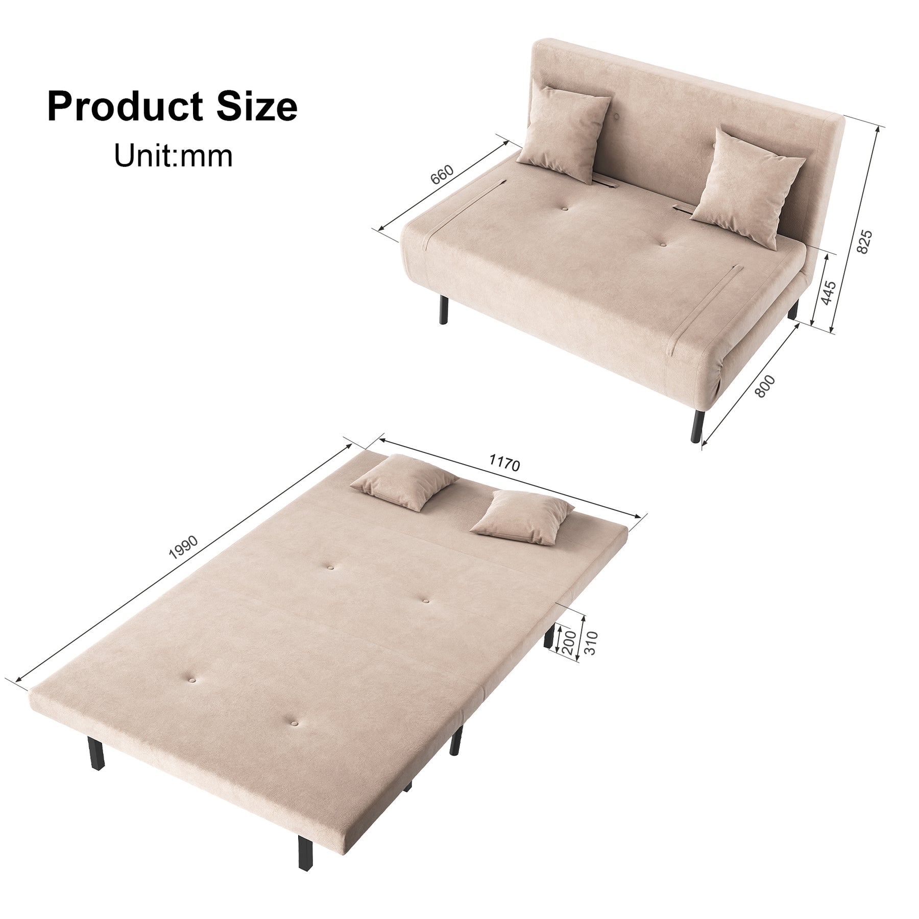 Sofa Bed with Sofa Bed Storage, 3 Fold Design, Iron Legs, 6-Level Backrest Adjustment and 2 Cushions, Khaki
