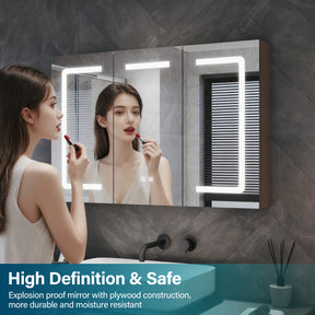 Three-door LED anti-fog bathroom cabinet, light coffee, 900x600x125mm