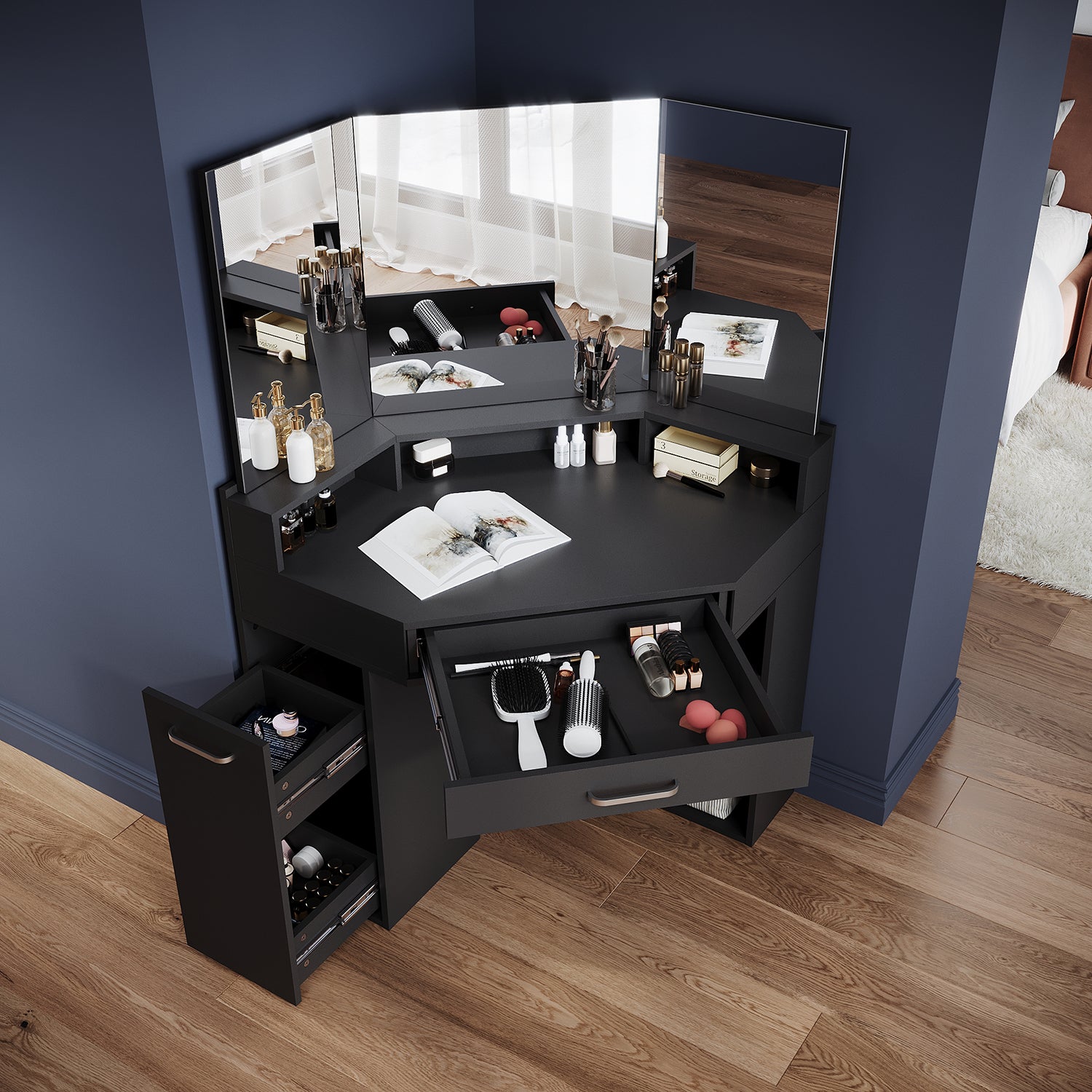 Corner dressing table with movable triple mirror, 3 open compartments, and 2 drawers, black