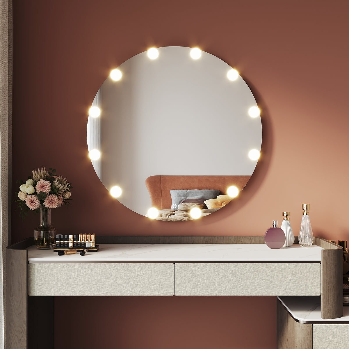 Round LED Vanity Mirror Wall Mount Or Tabletop Mirror with 3 Color Modes  800x800x35mm