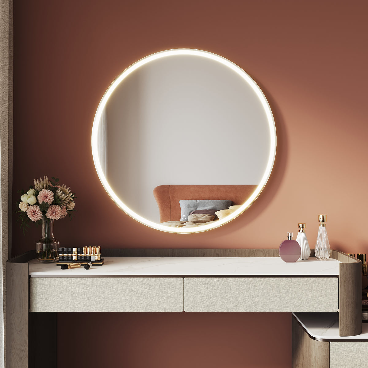 Round LED Vanity Mirror 800x800x30mm Wall Mount Or Tabletop Mirror with 3 Color Modes