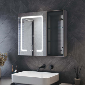 Bathroom cabinet with integrated mood lighting and glass shelves, Moroccan Gray, 700x600x125mm