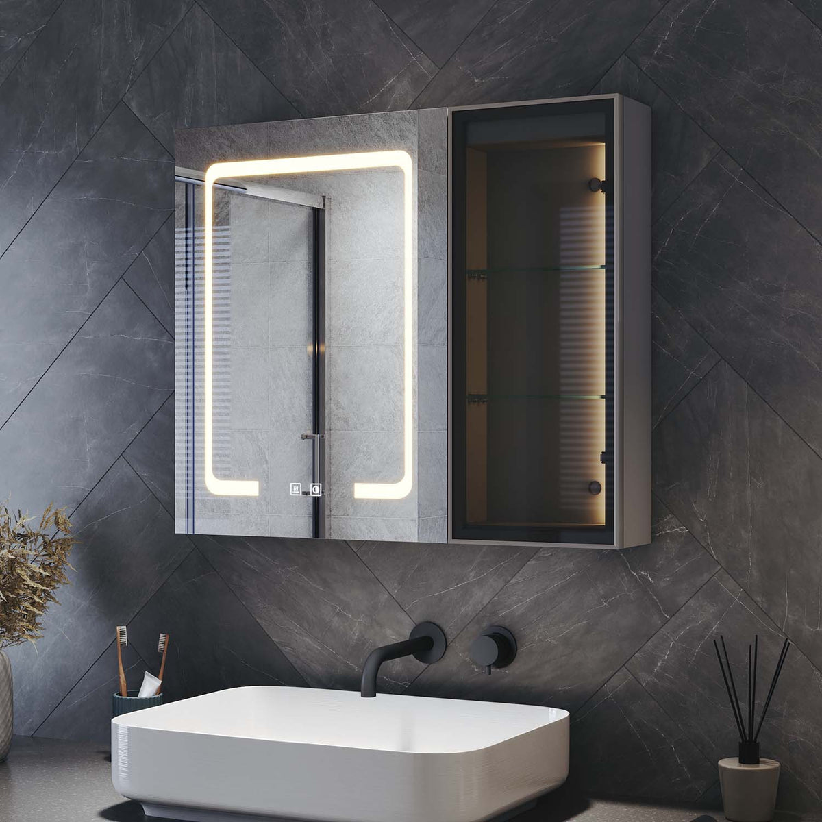 Bathroom cabinet with integrated mood lighting and glass shelves, Moroccan Gray, 700x600x125mm