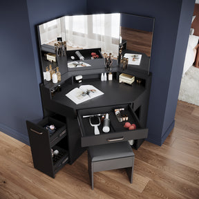 Corner dressing table with movable triple mirror, 3 open compartments, and 2 drawers, black