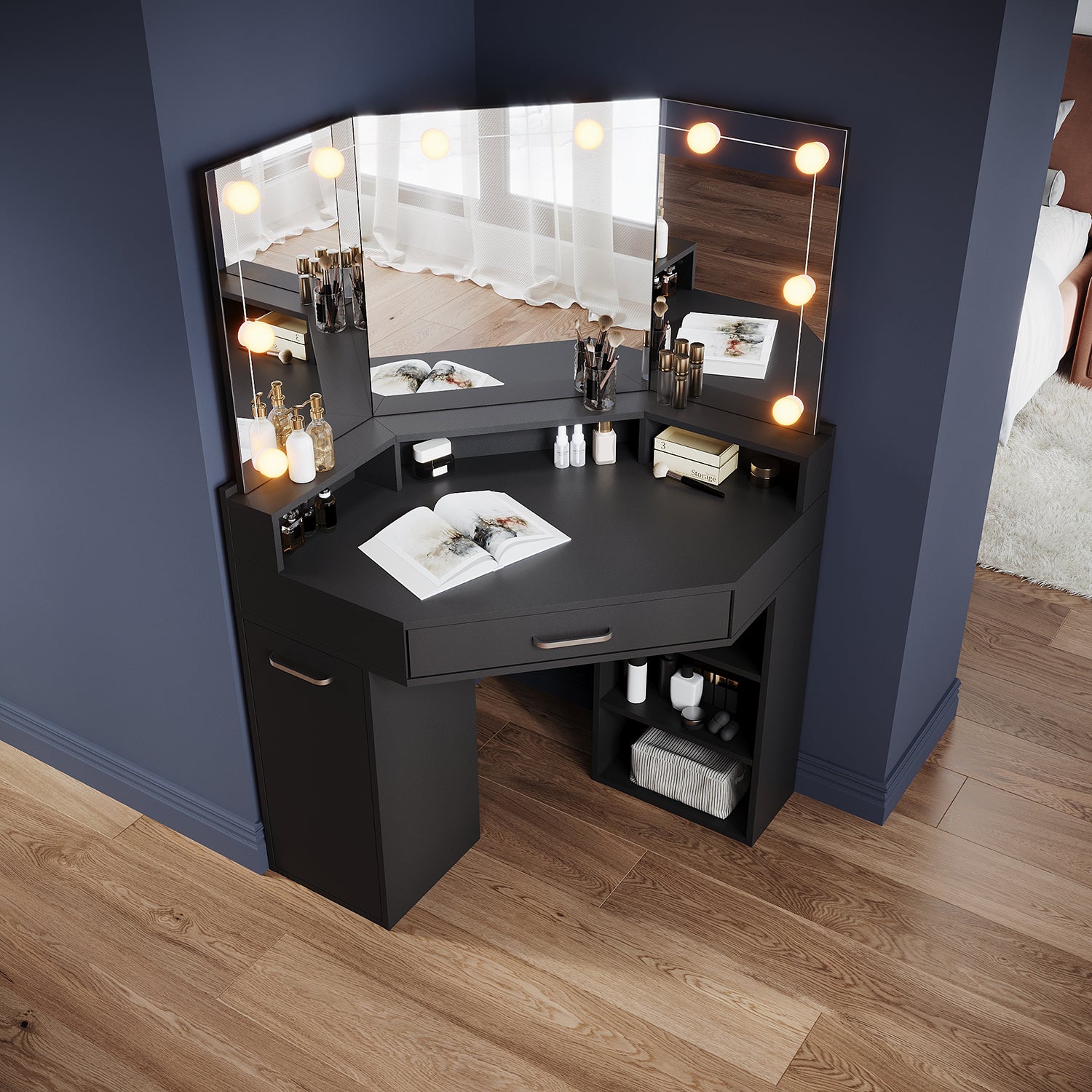Corner dressing table with movable triple mirror, 3 open compartments, and 2 drawers, black